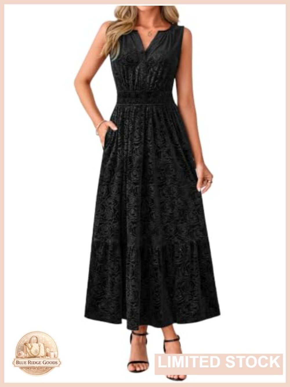 Velvet Floral Maxi Dress Sleeveless V-Neck A-Line Semi-Formal